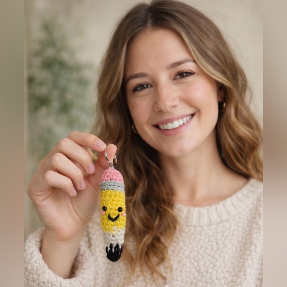 Handmade Crochet Pencil Keychain Amigurumi Cute Teacher Gift Bag Charm